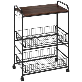 HOMCOM Walnut 3-Tier Mobile Kitchen Trolley, Versatile Storage with Basket Drawers