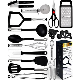 25 Pcs Silicone Spatula Kitchen Utensils Set - Stainless Steel and Nylon, Black