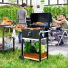 Charcoal BBQ Grill, Outdoor Portable Cooker for Camping or Backyard Picnic, Barbecue Grill with Side Table, Bottom Storage Shelf, Wheels and Handle